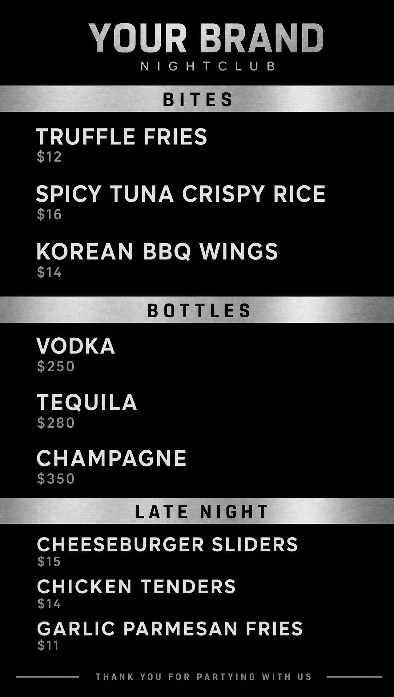 City night club menu on a vertical black and silver screen.