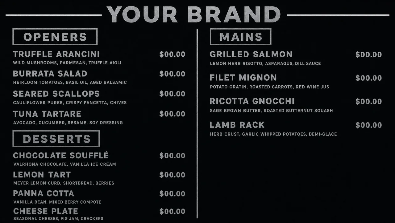 Classy menu design in black and muted silver.