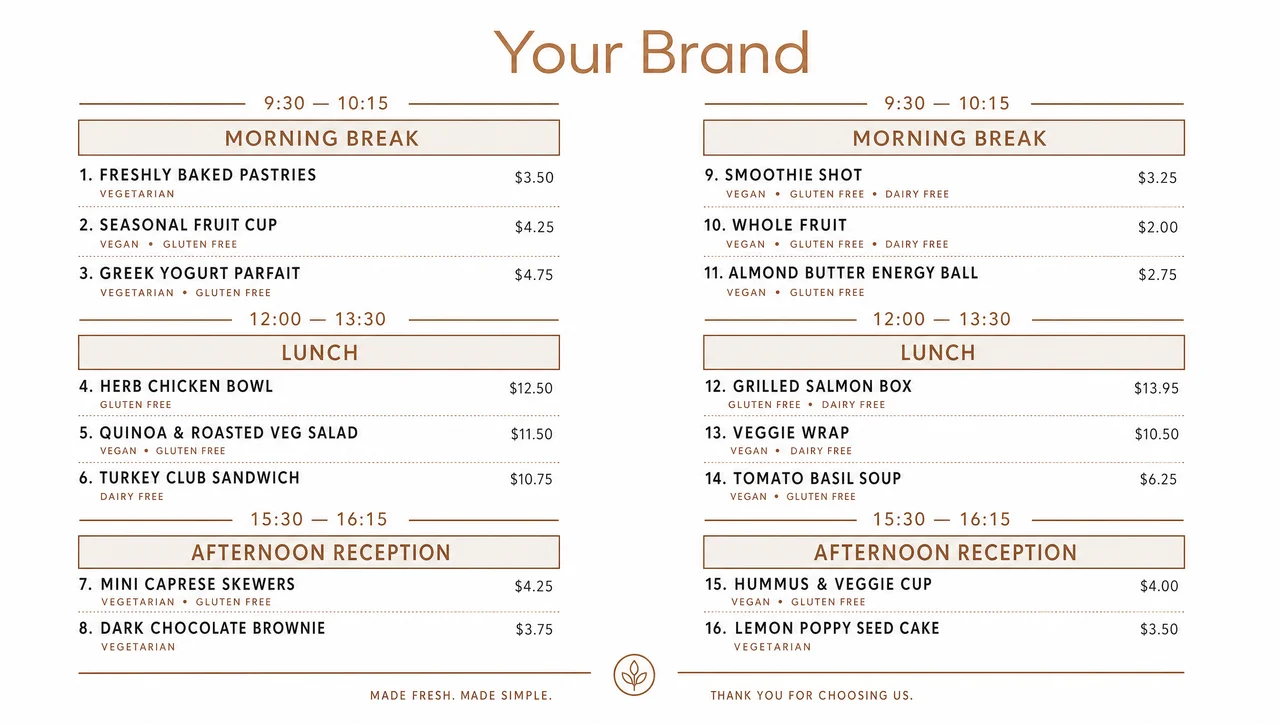 Corporate cafe menu on a white and copper layout.