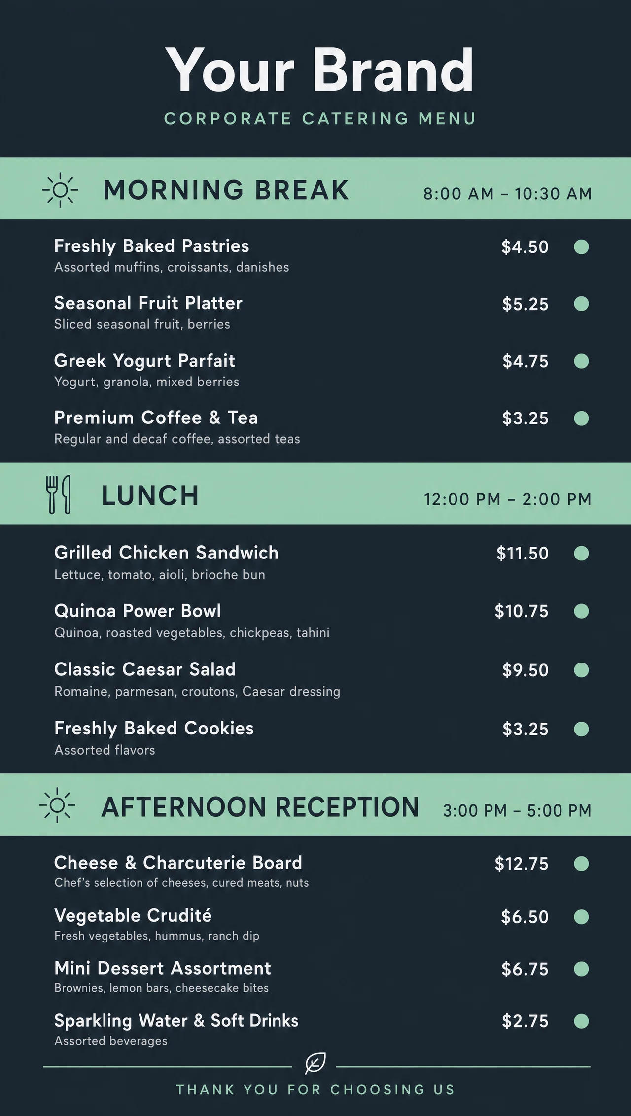 Corporate cafeteria menu, vertical slate panel.