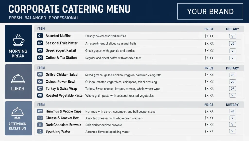 Corporate lunch menus template, full design view.