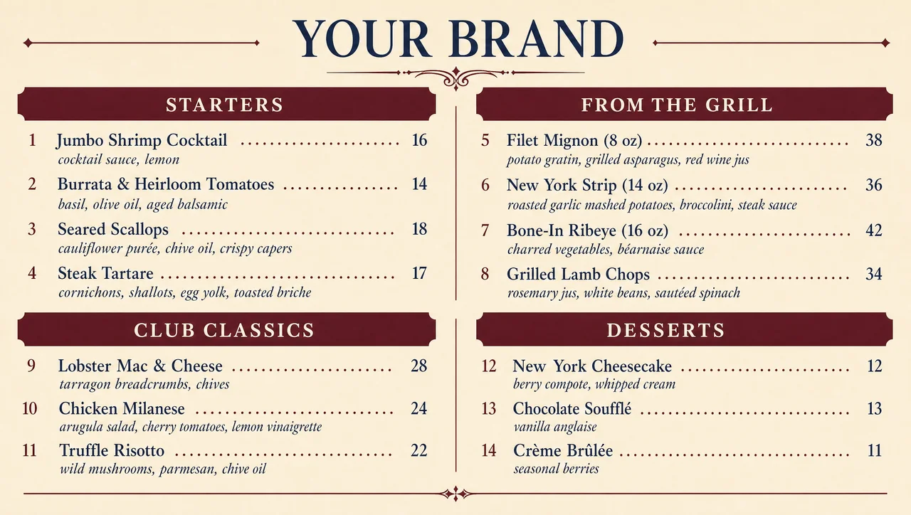 Country dinner menu design, full layout.
