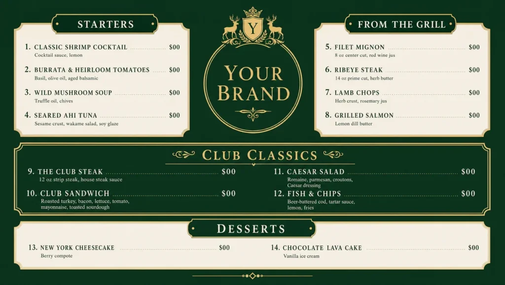 Country club menu template, full design view.