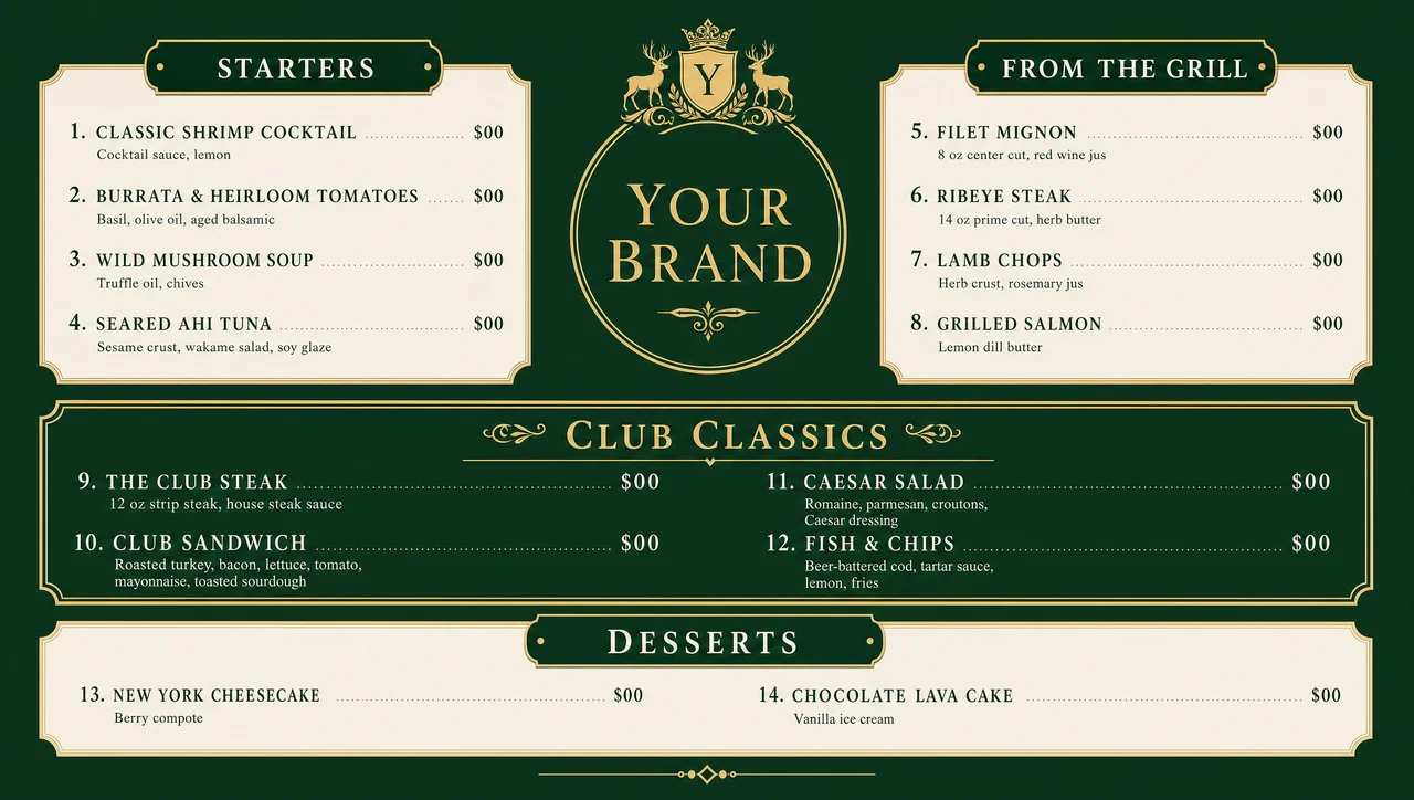 Country club menu template, full design view.