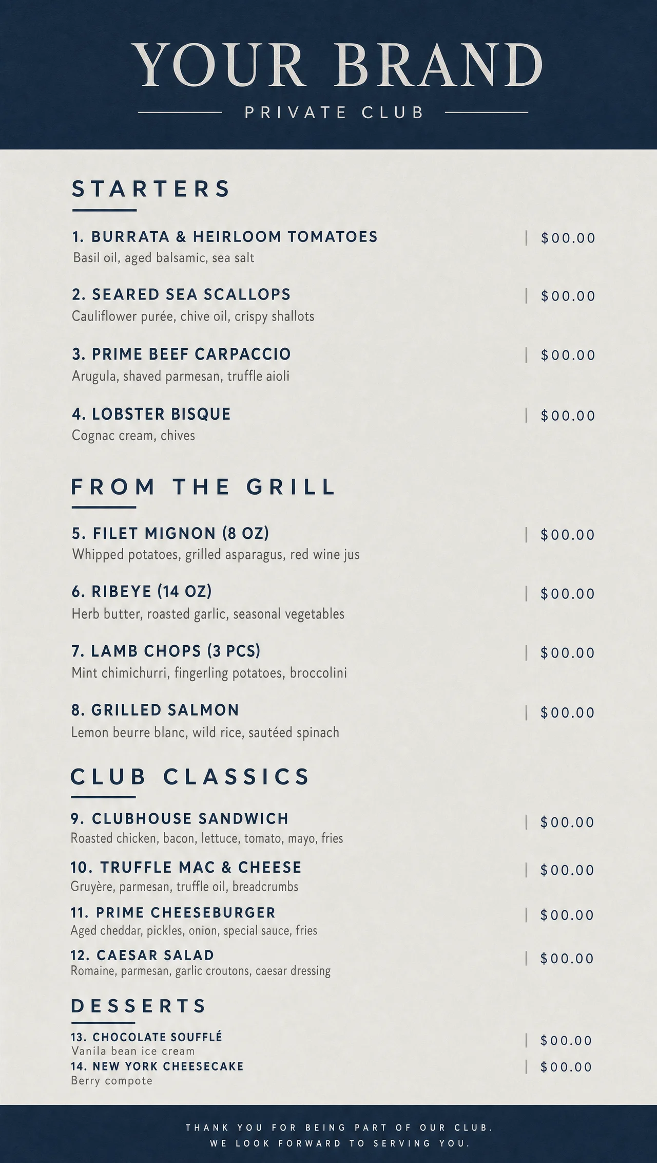 Country club menu ideas, vertical design view.
