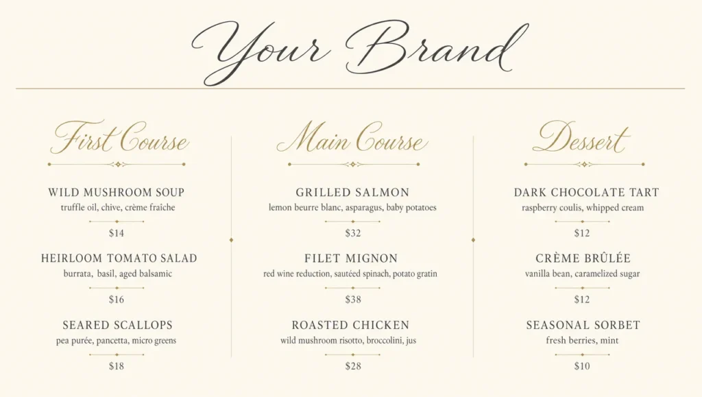 Cursive menu template, full design view.