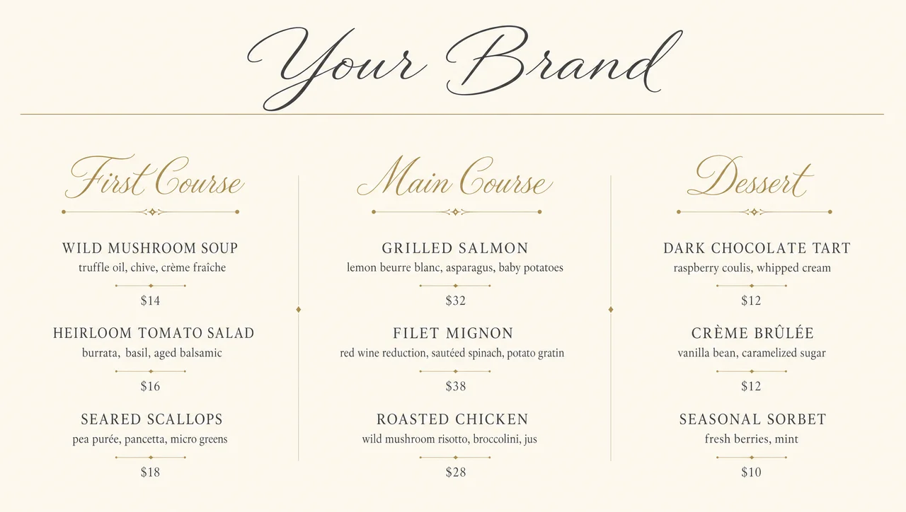 Cursive menu template, full design view.