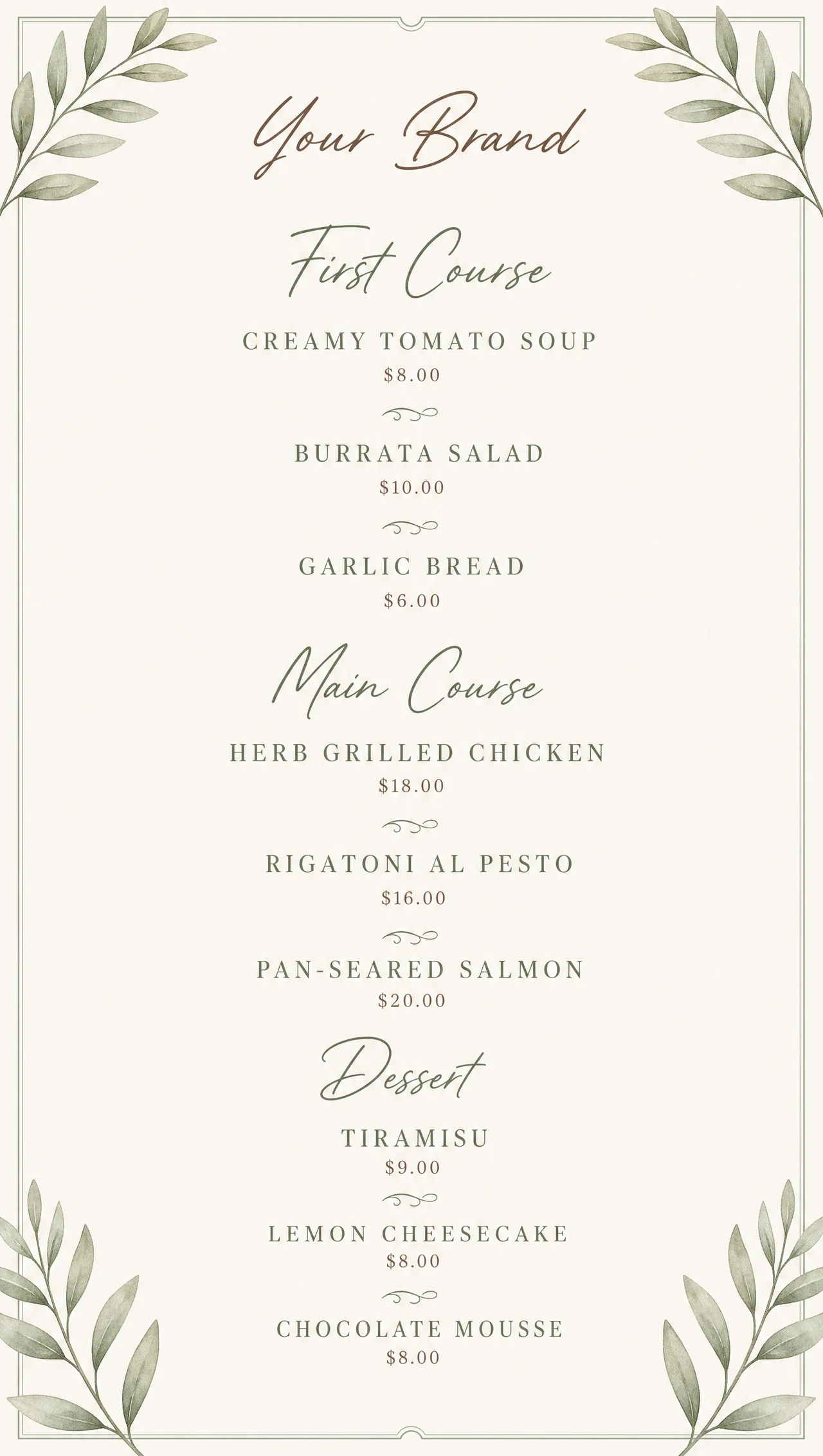 Dinner in cursive, vertical sage menu design.