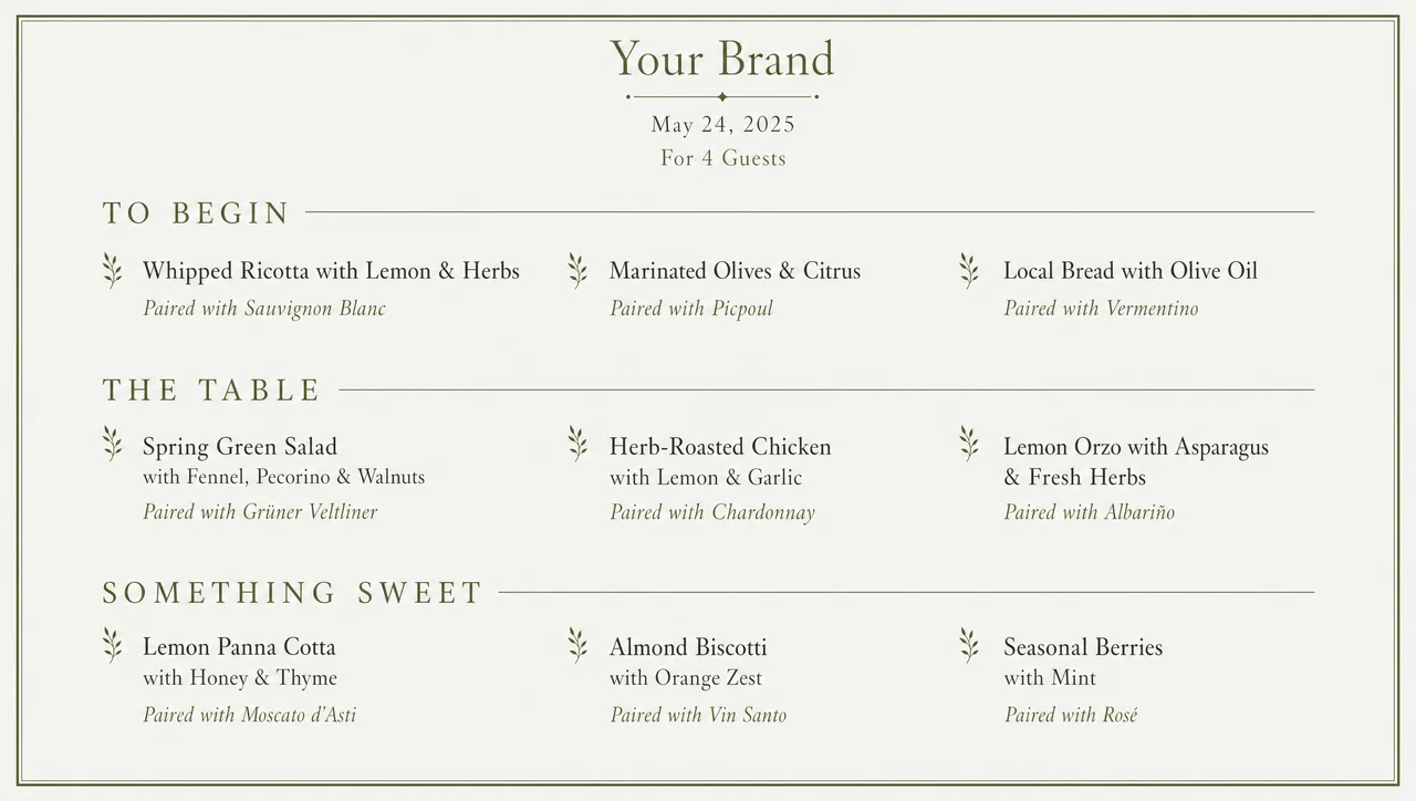 Custom dinner menu template, full design view.