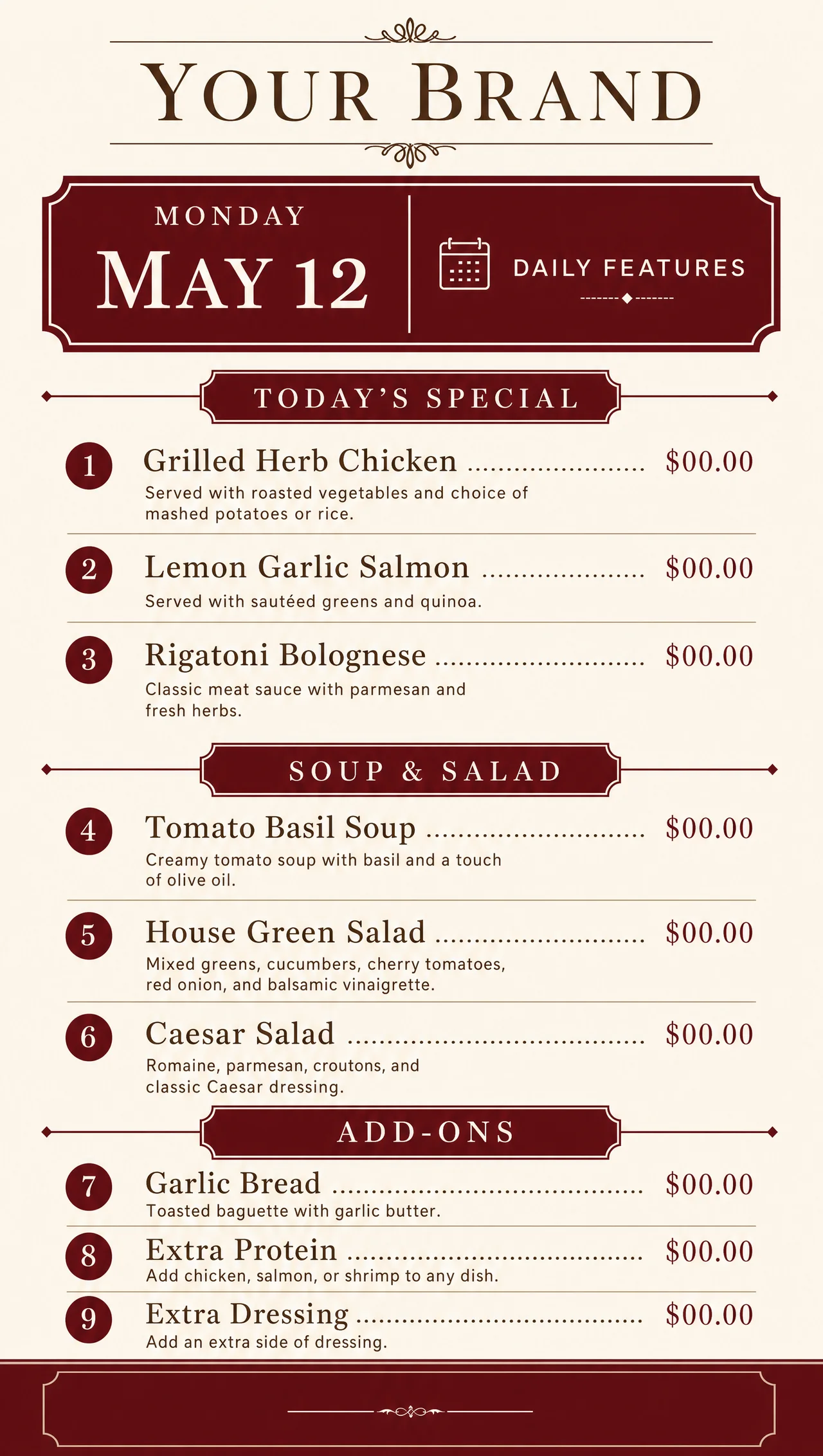 Lunch specials menu template, vertical design view.