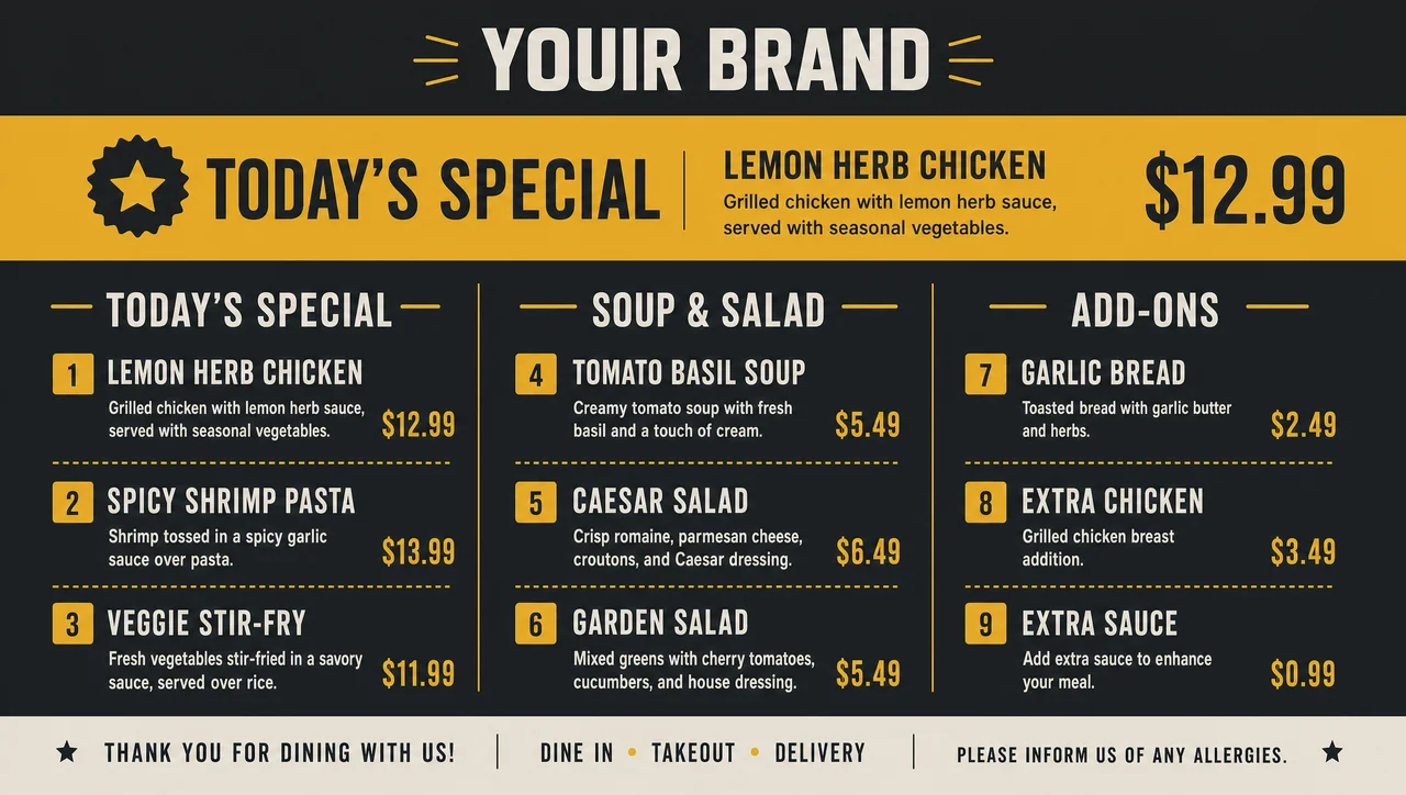 Daily specials board, bold full layout.