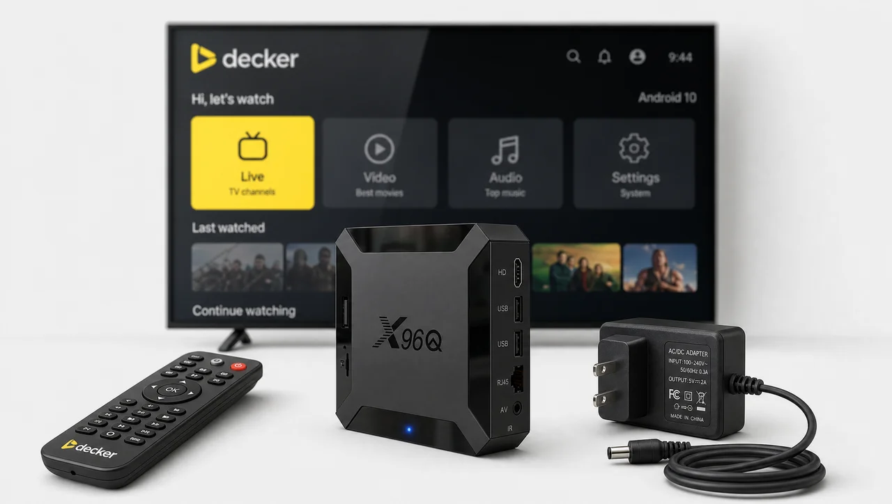 X96Q Android digital signage player with HDMI, USB, Ethernet and TF card ports next to a screen running the Decker playback app.