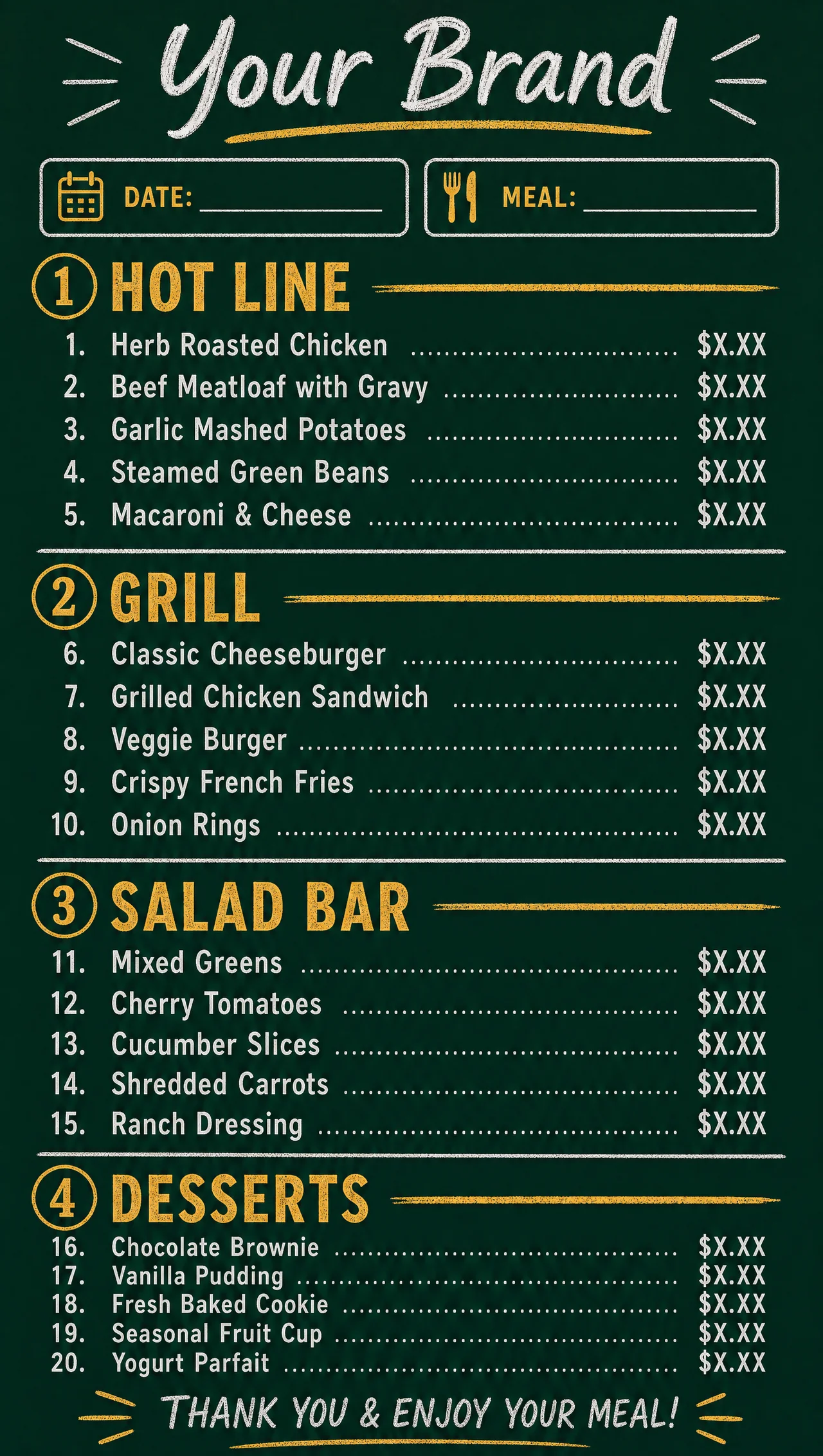 Dining hall menu layout, vertical entrance design.