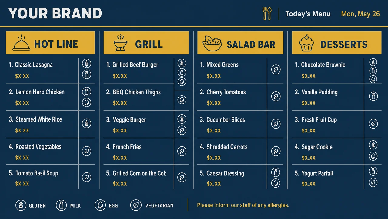 Dining hall menu template, full design view.