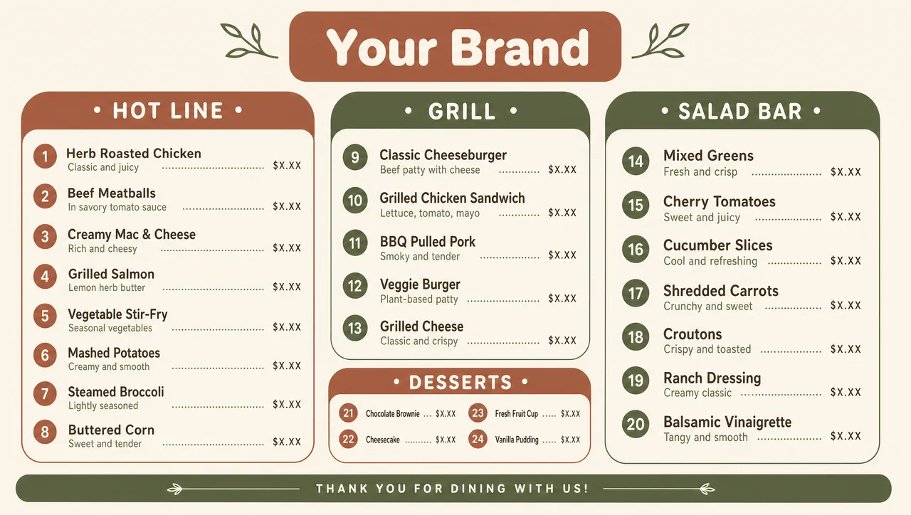 Dining hall menu design, station block layout.
