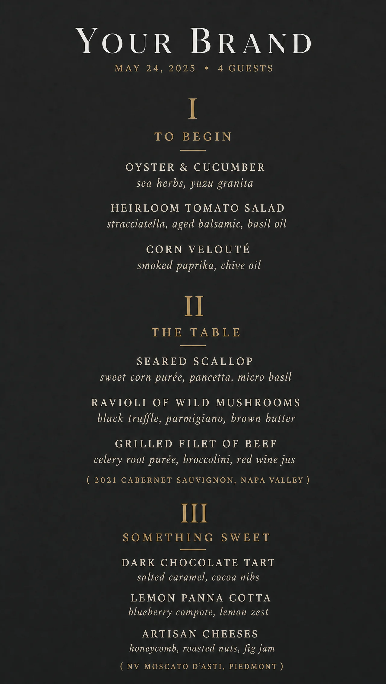 Dinner party menu card on a vertical charcoal screen.