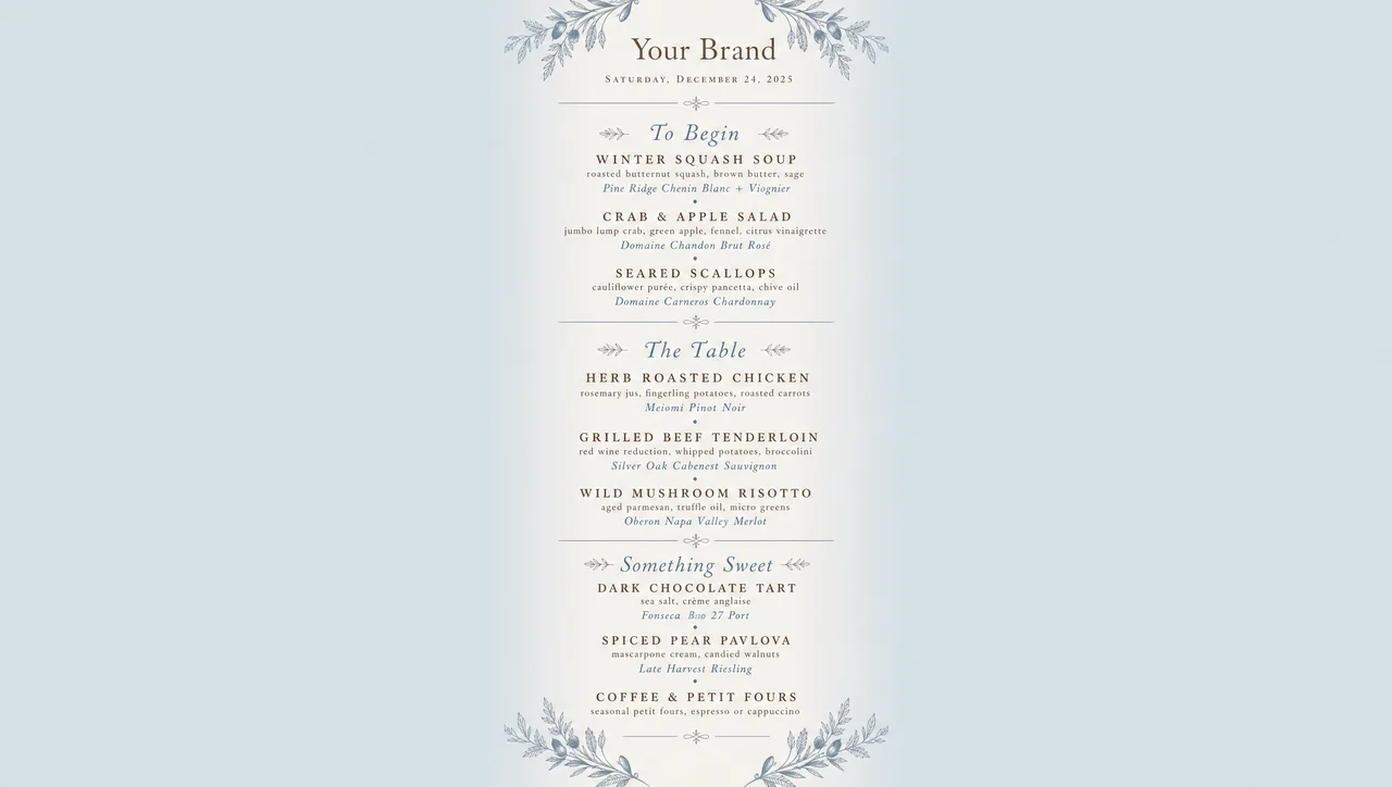 Dinner party menu in dusty blue and cream.
