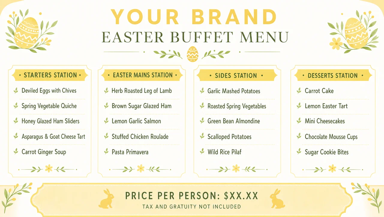 Easter brunch buffet menu ideas, station layout.