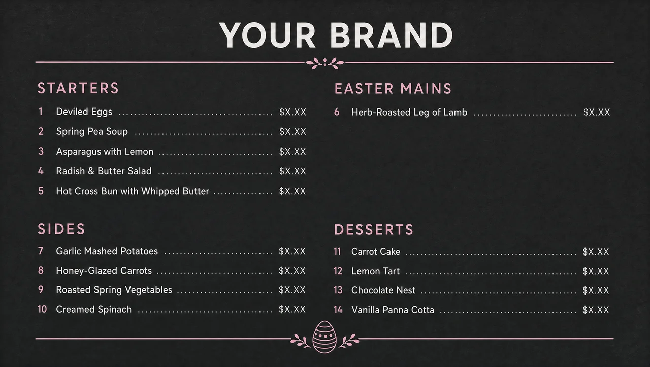 Simple easter dinner menu, stripped-back layout.