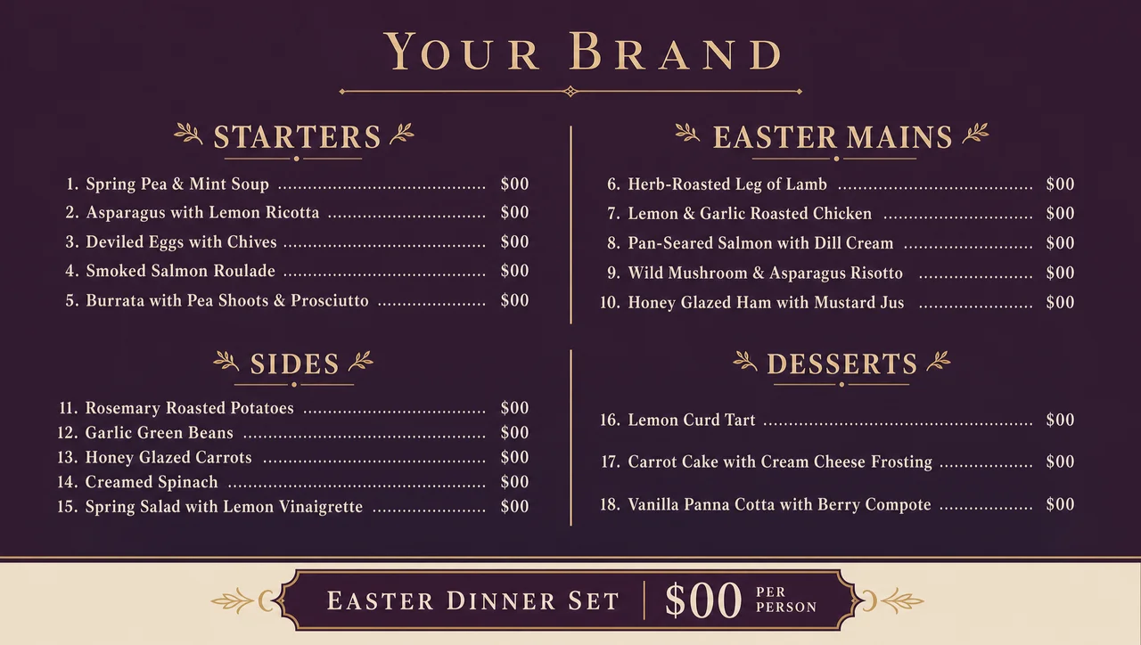 Easter dinner menu template, full design view.