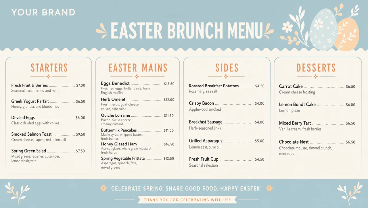 Easter brunch menu design, full layout view.
