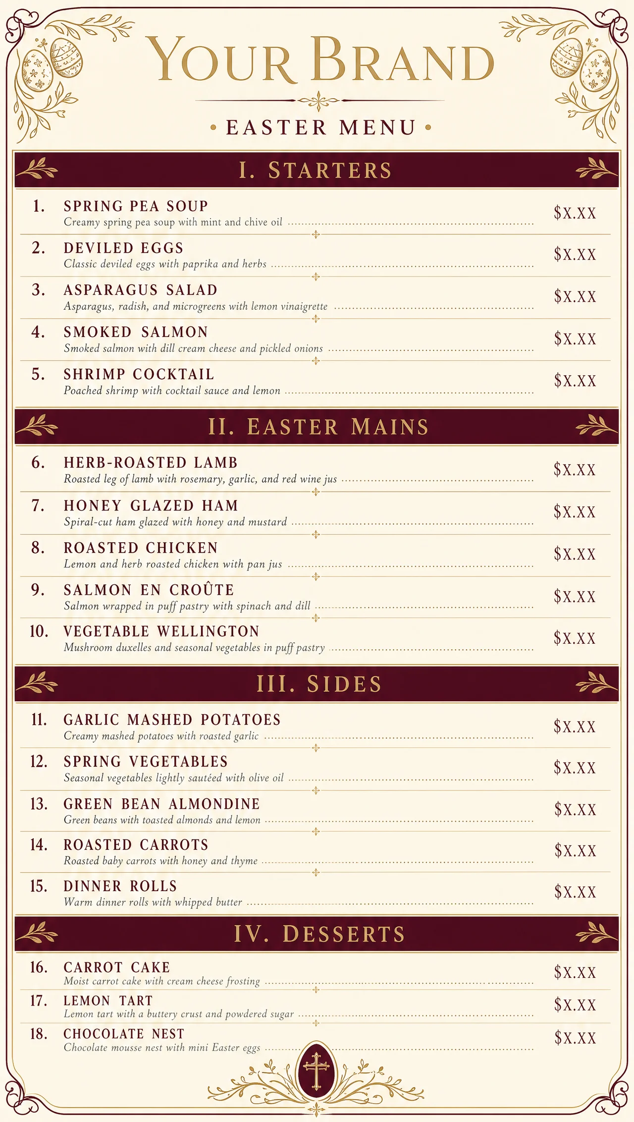 Traditional easter dinner menu, vertical formal design.