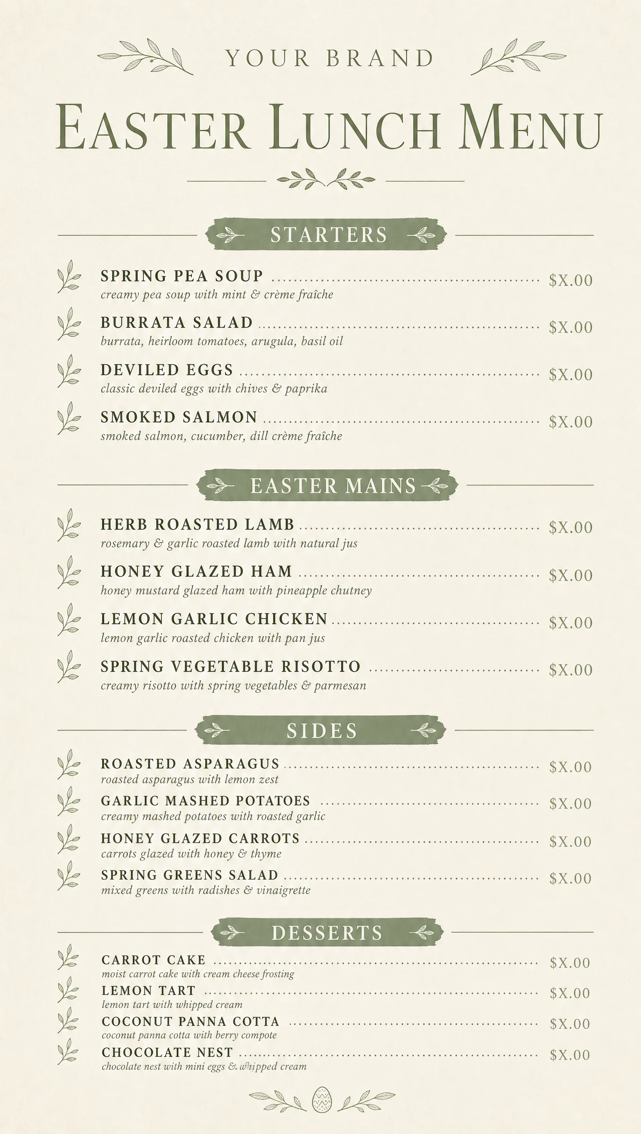 Easter lunch menu, vertical midday layout.