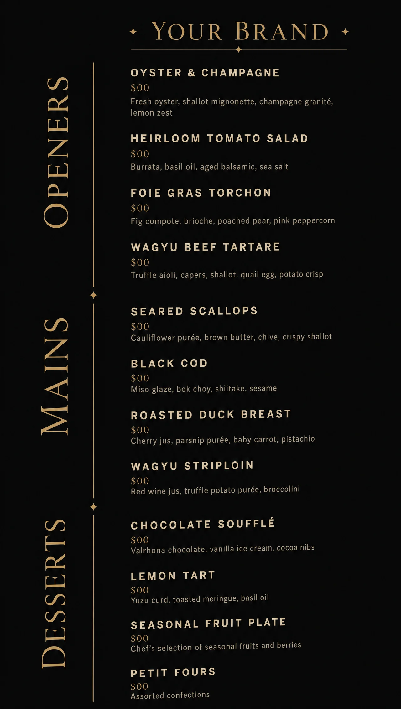 Elegant black fine dining menu on a vertical champagne board.