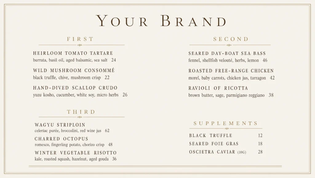 Expensive restaurant menu template, full design view.