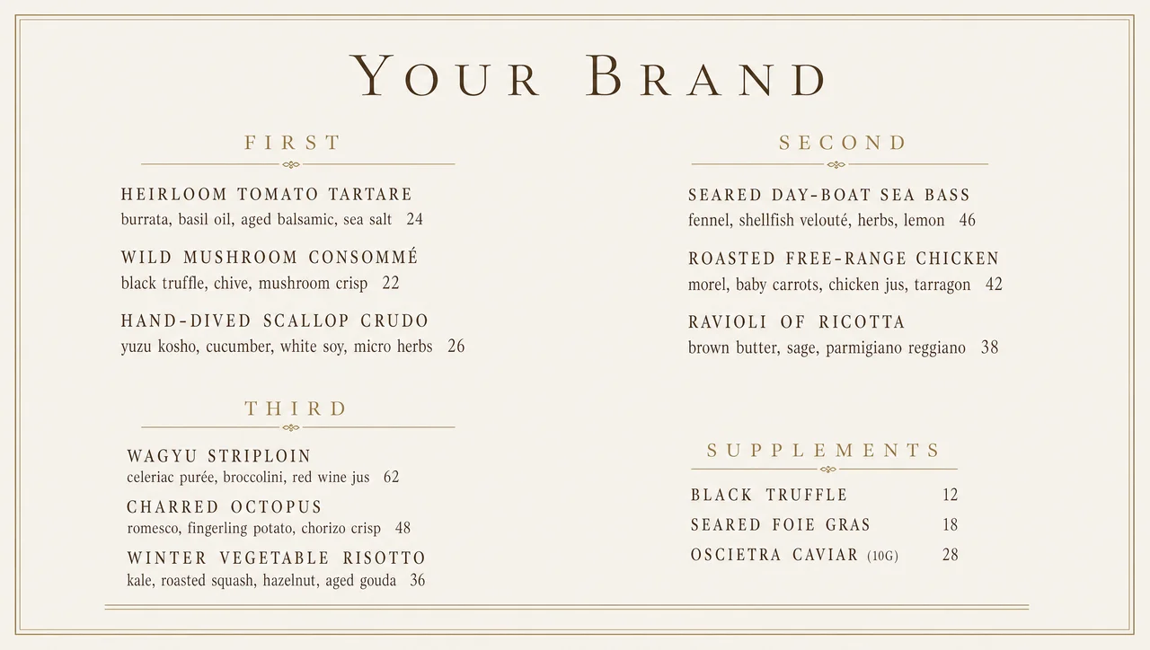 Expensive restaurant menu template, full design view.