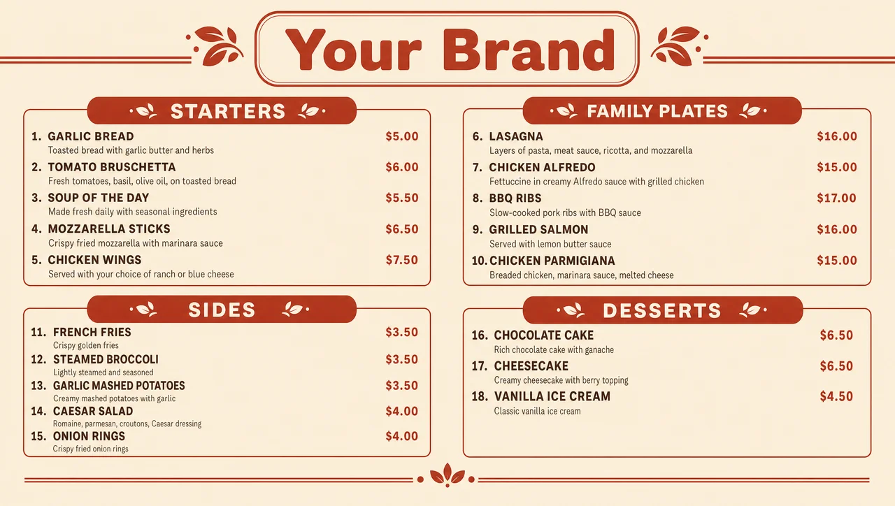 Family menu template, full design view.