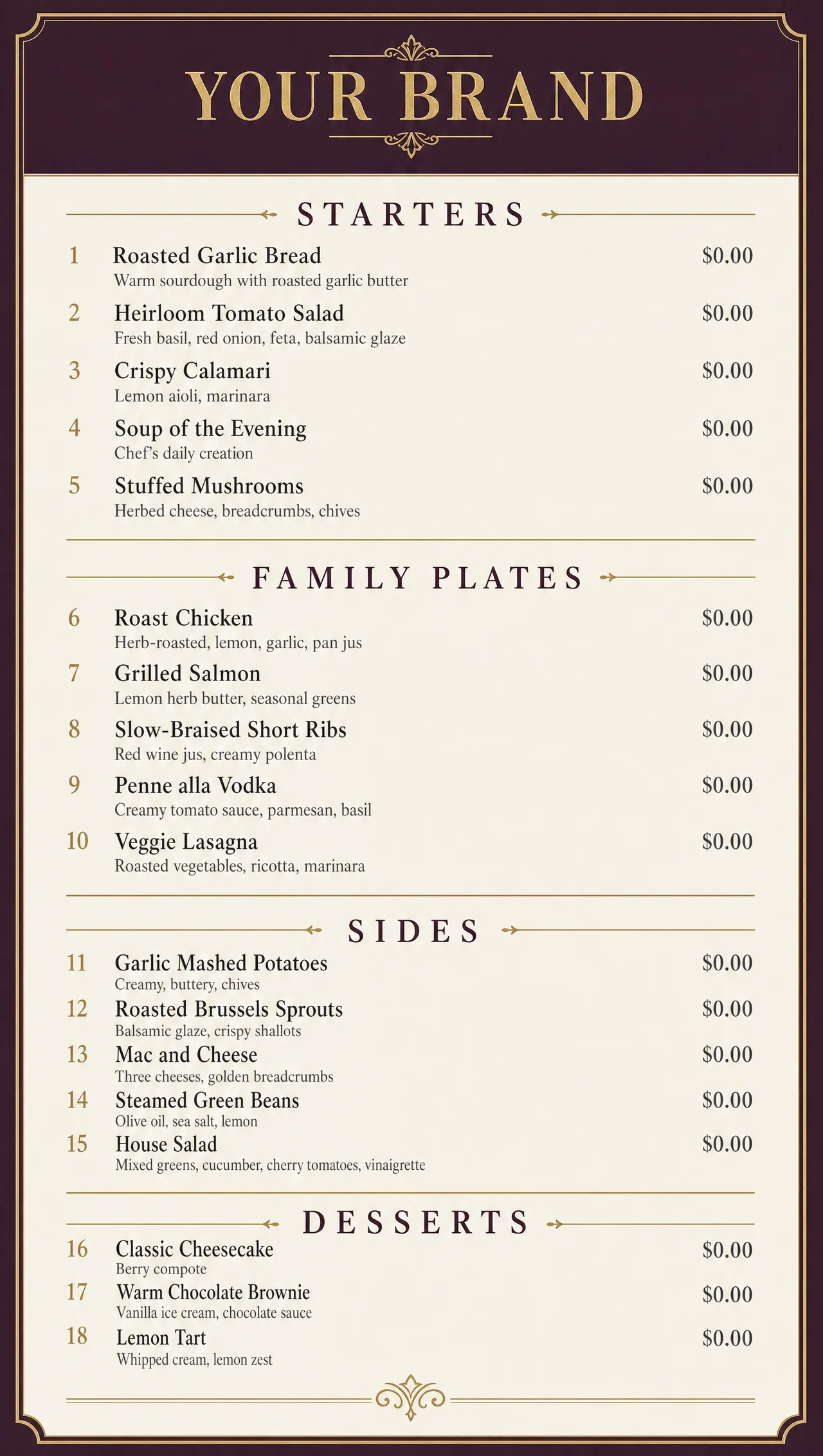 Family dinner menu template, vertical design view.