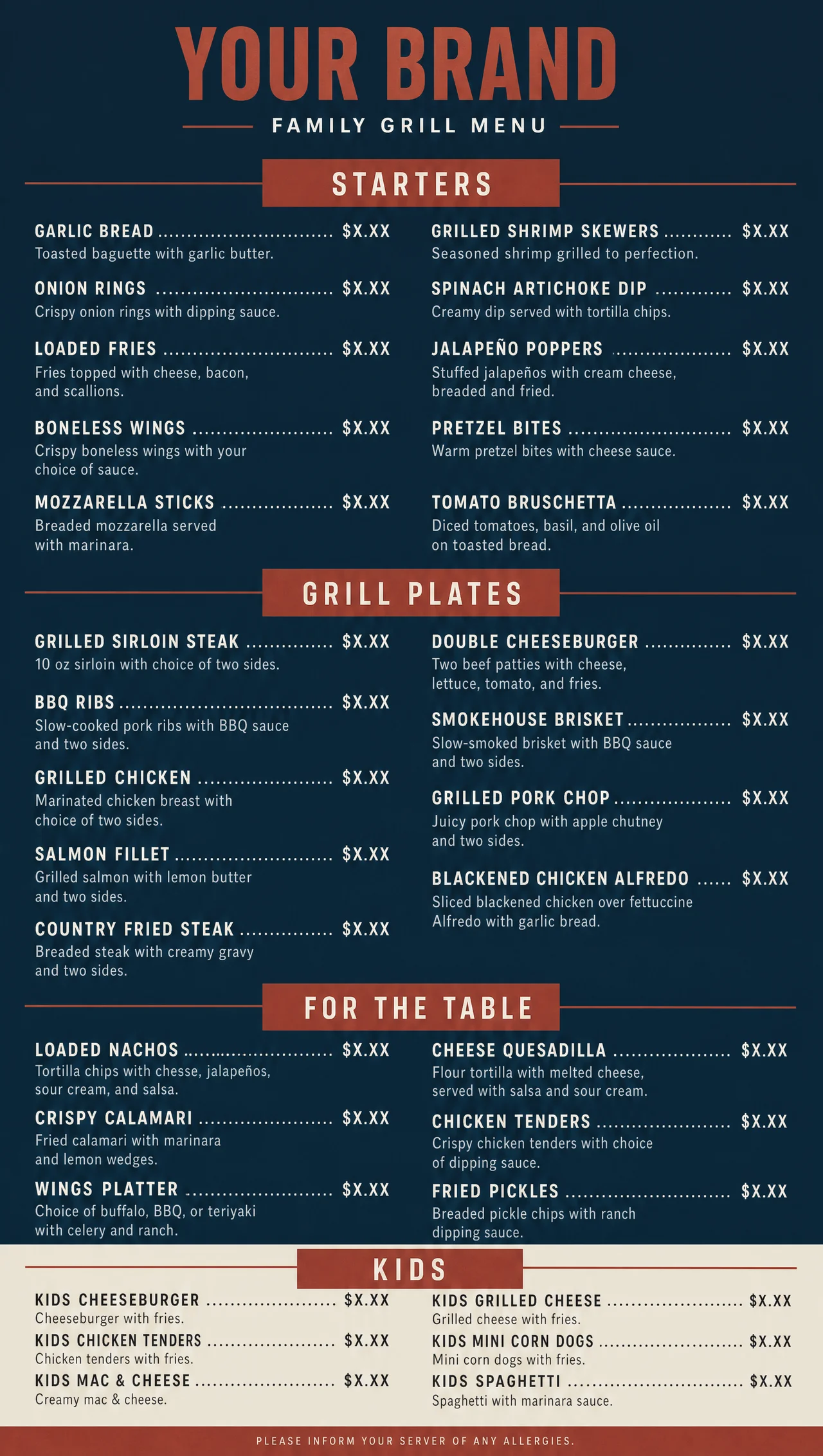 Family grill menu layout, vertical design view.