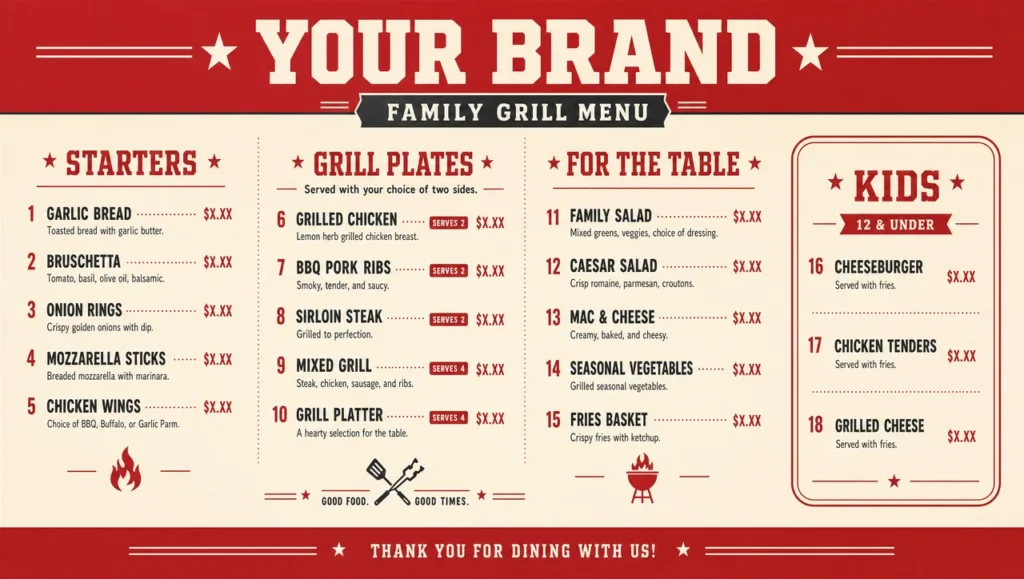Family grill menu template, full design view.