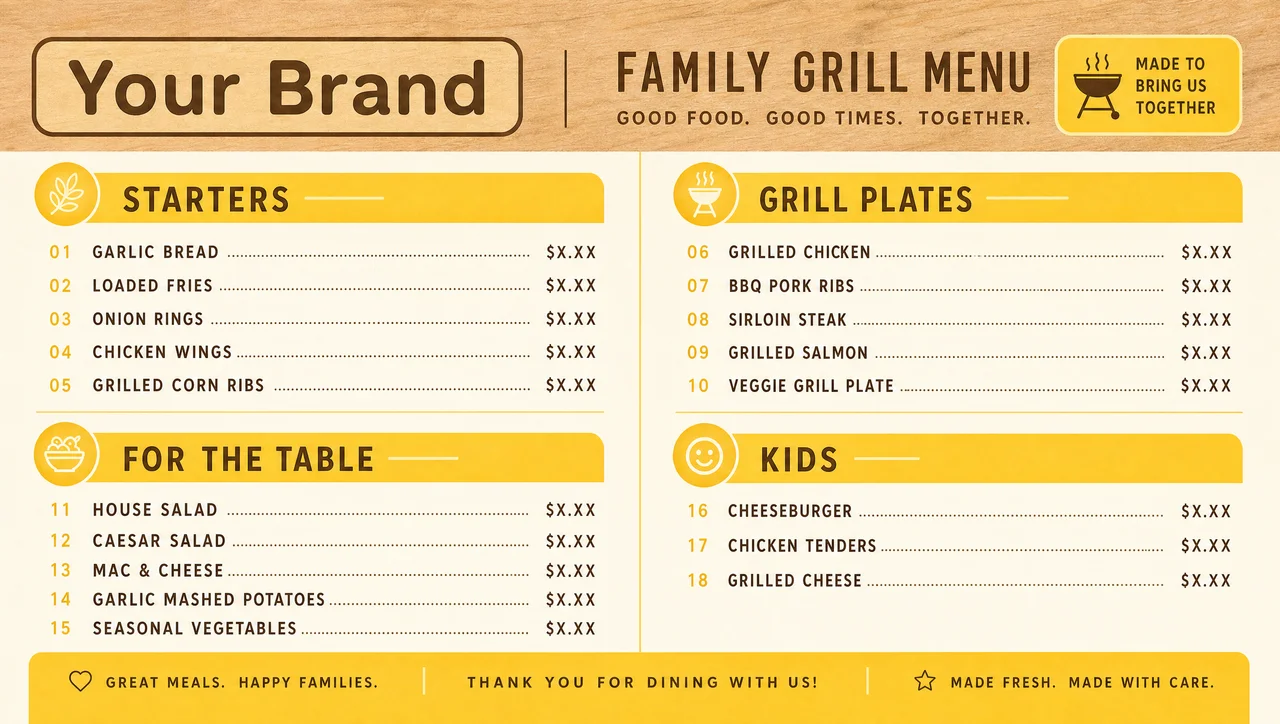 Family grill menu design, full layout view.