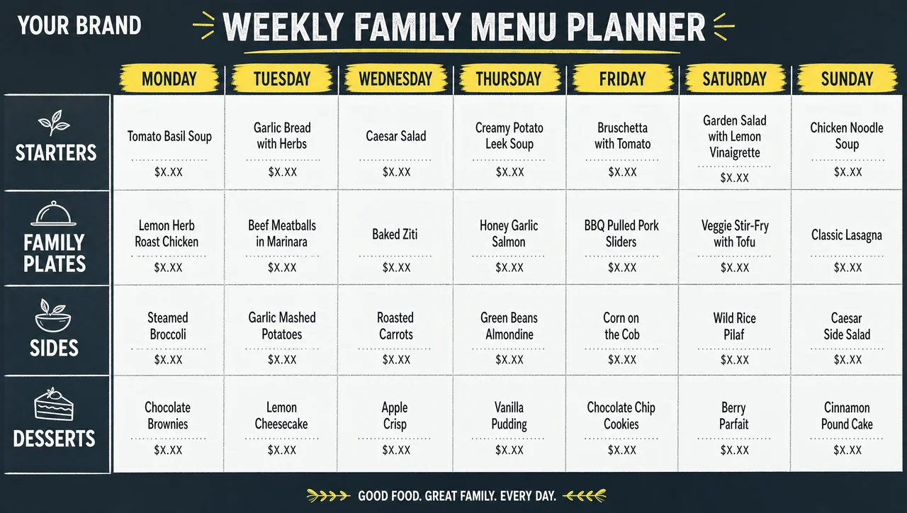 Family menu plan template, weekly grid layout.