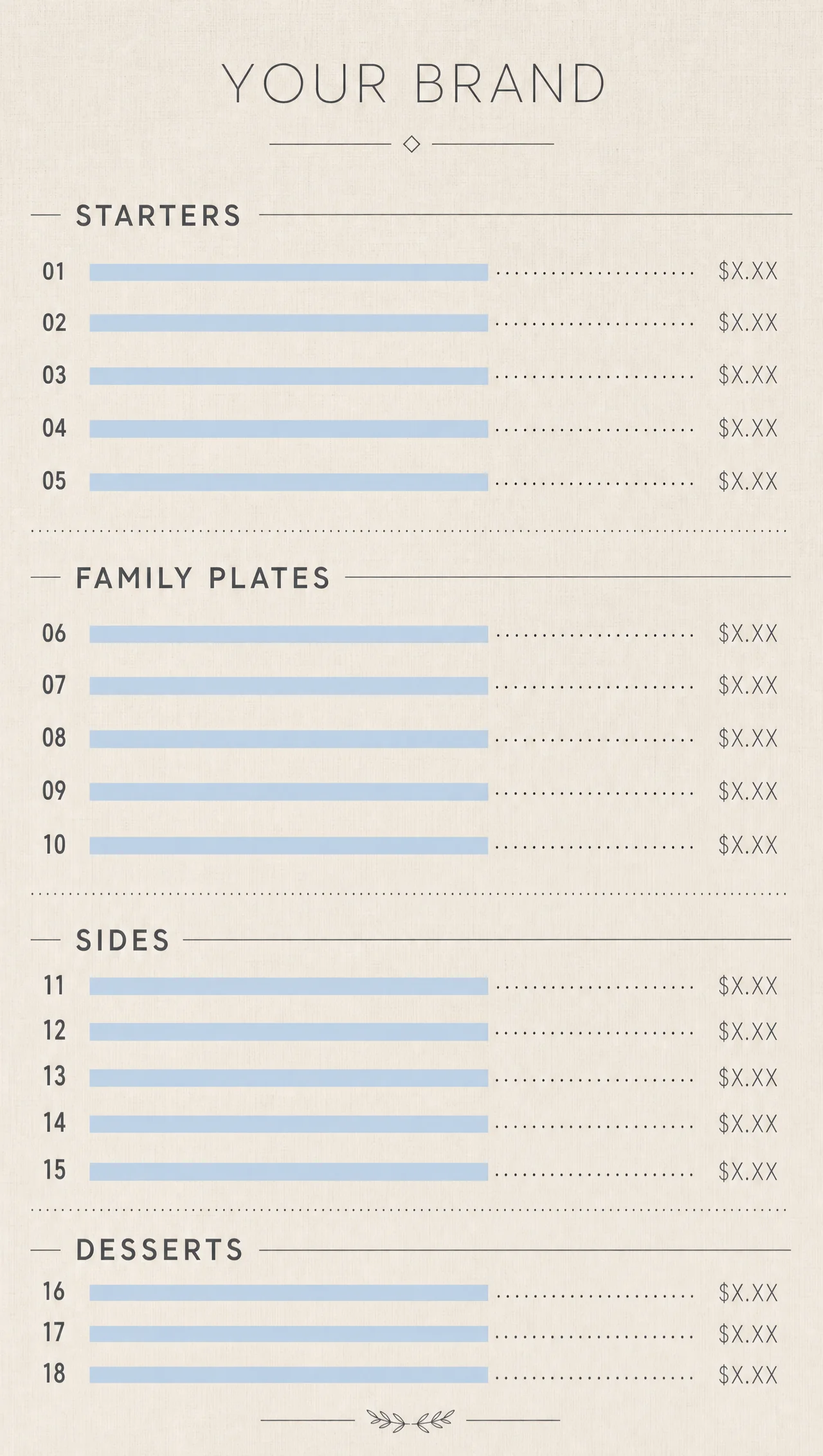 Example menus layout, blank vertical design.