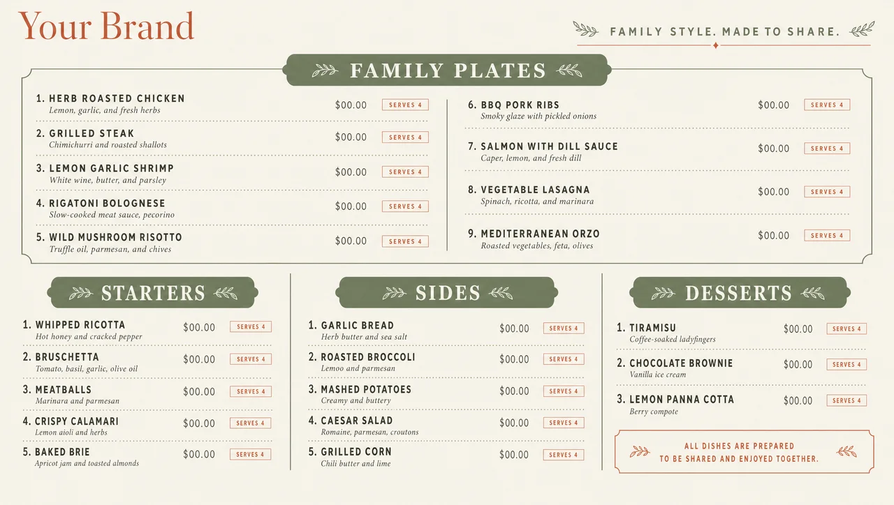 Family style menu design, sharing plates layout.