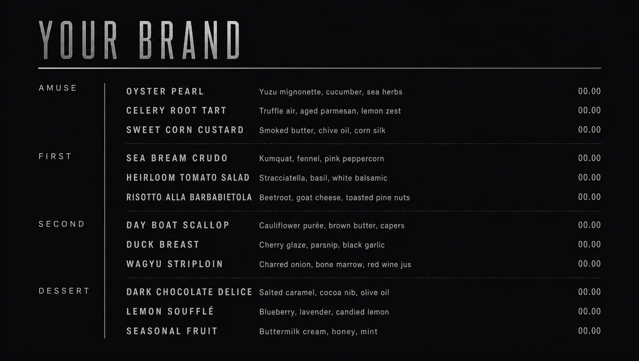 Fancy restaurant menus in a black and silver design.