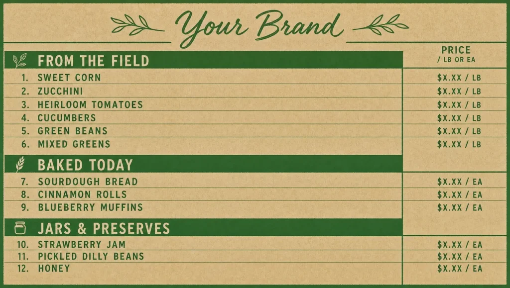 Farmers market menu template, full design view.