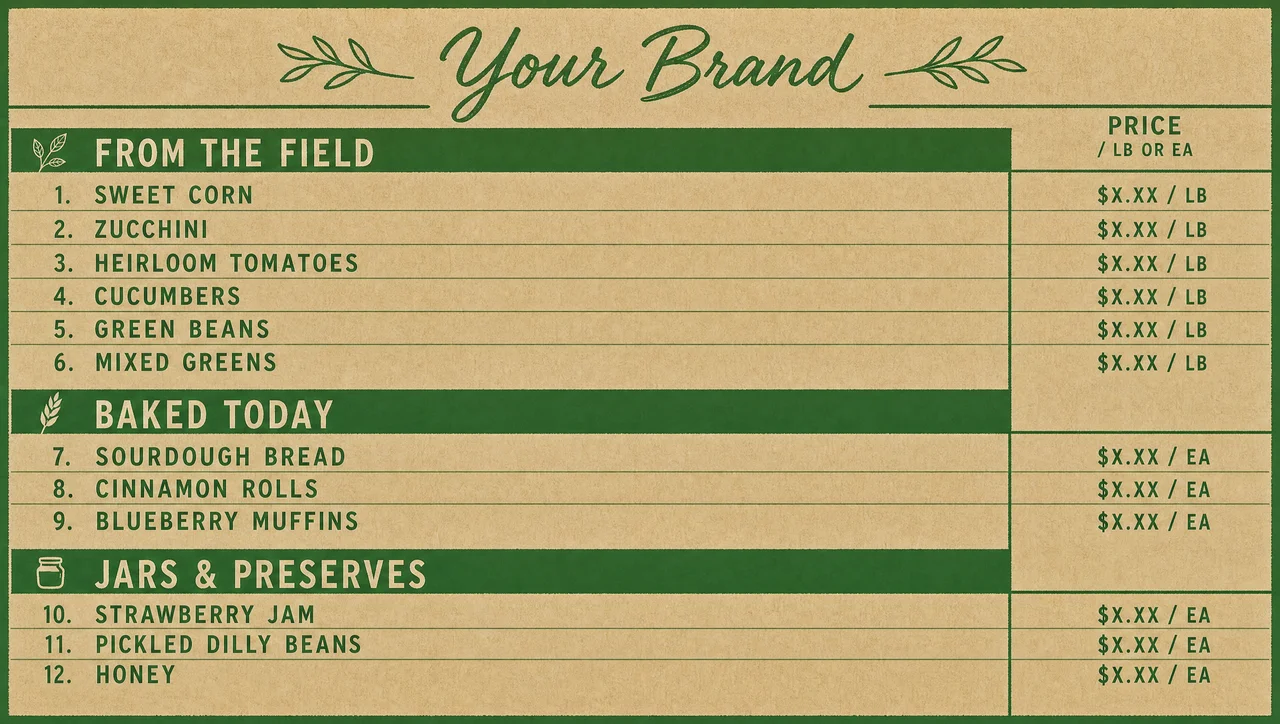 Farmers market menu template, full design view.