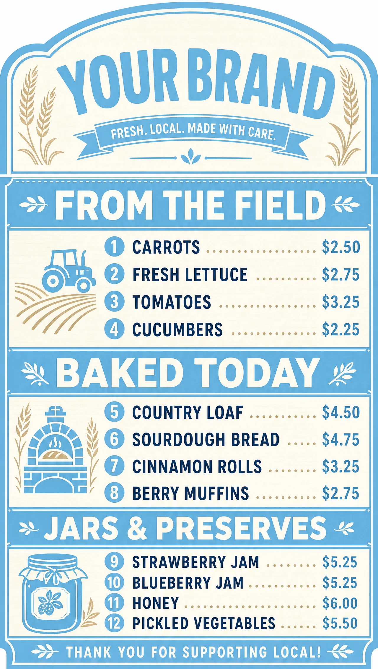 Farmers market menu, vertical layout design.