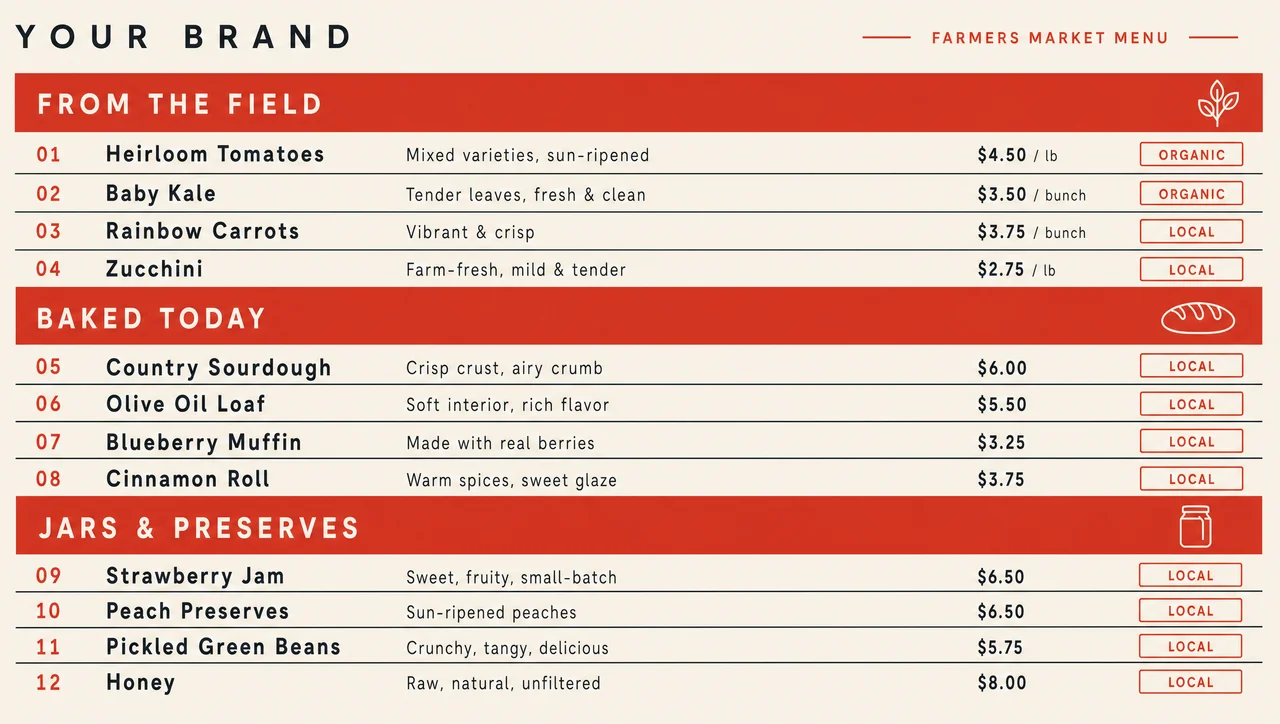 The market menu design, full layout view.