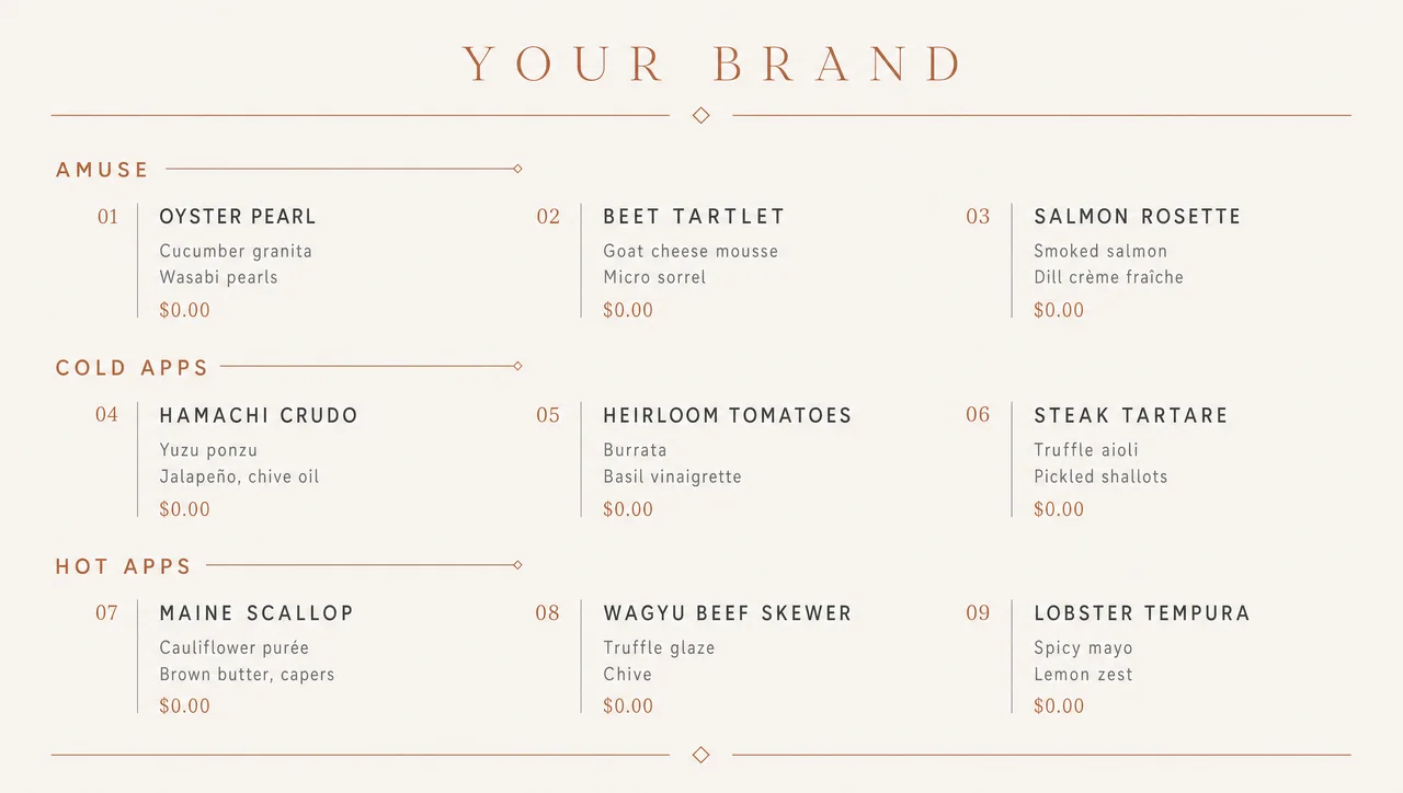 Fine dining apps menu template, full design view.