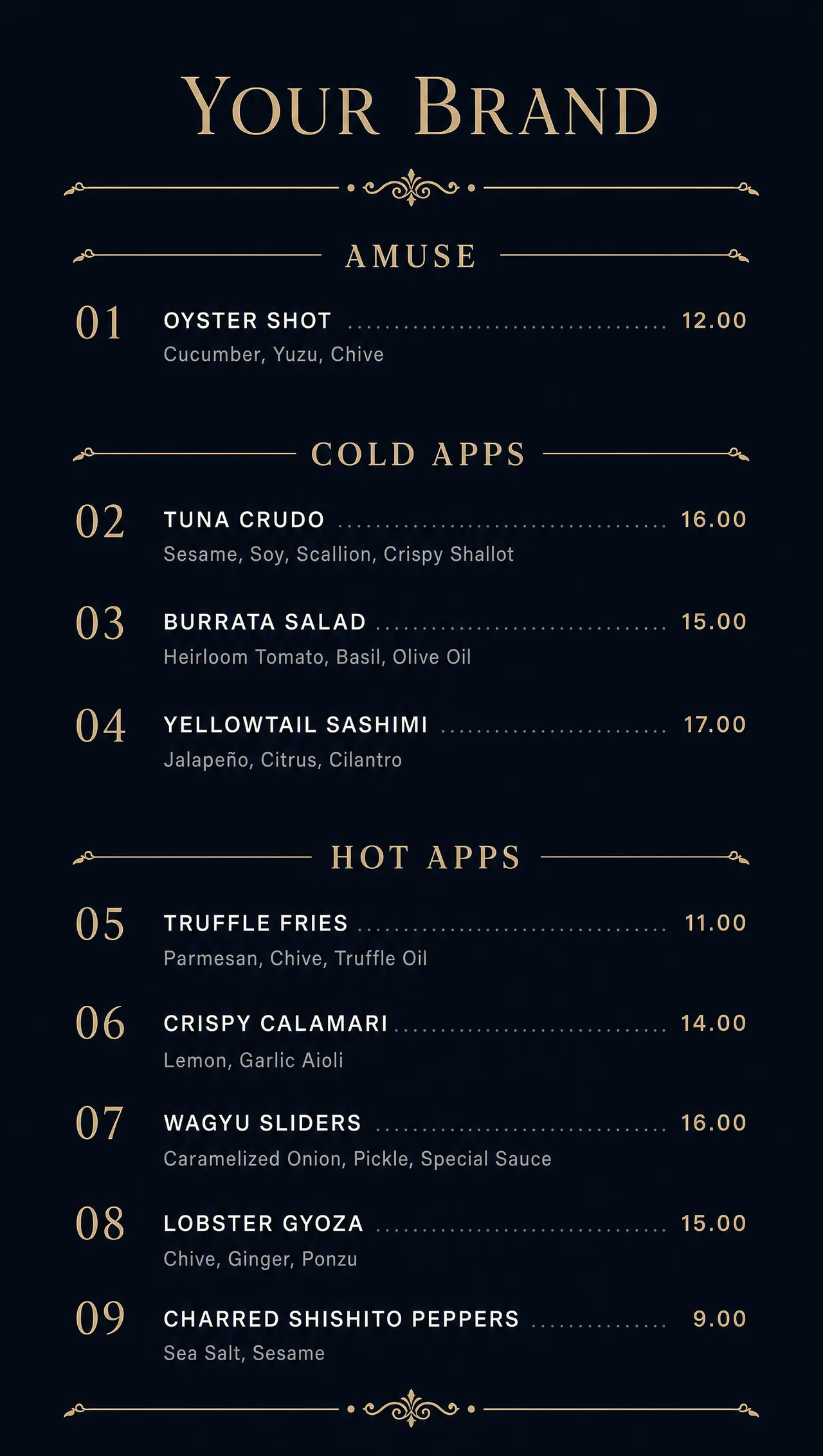 Fine dining apps menu, vertical card design.