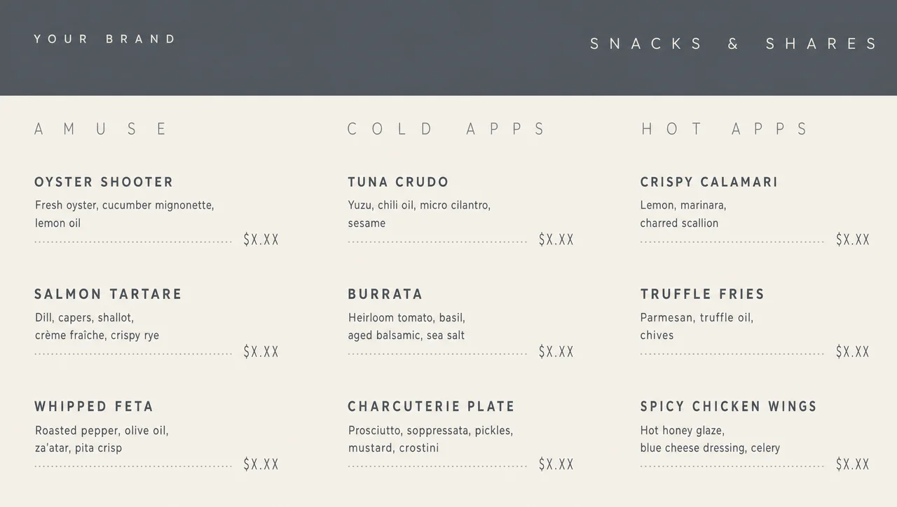 Fine dining apps design, wide section layout.