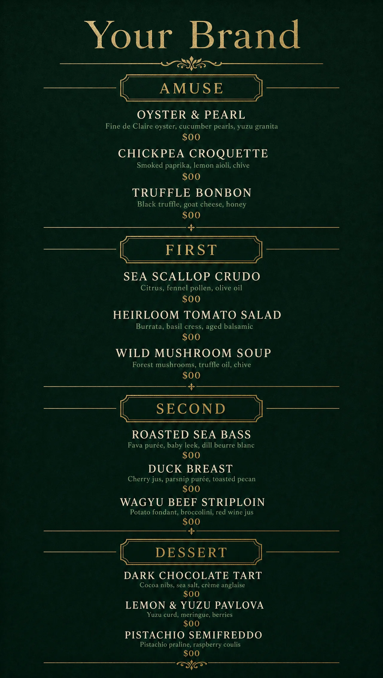 Fine dining menus, vertical green and gold layout.