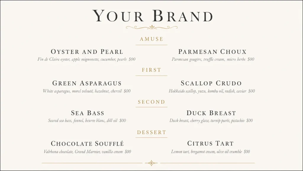 Elegant fine dining menu design, ivory classical layout.