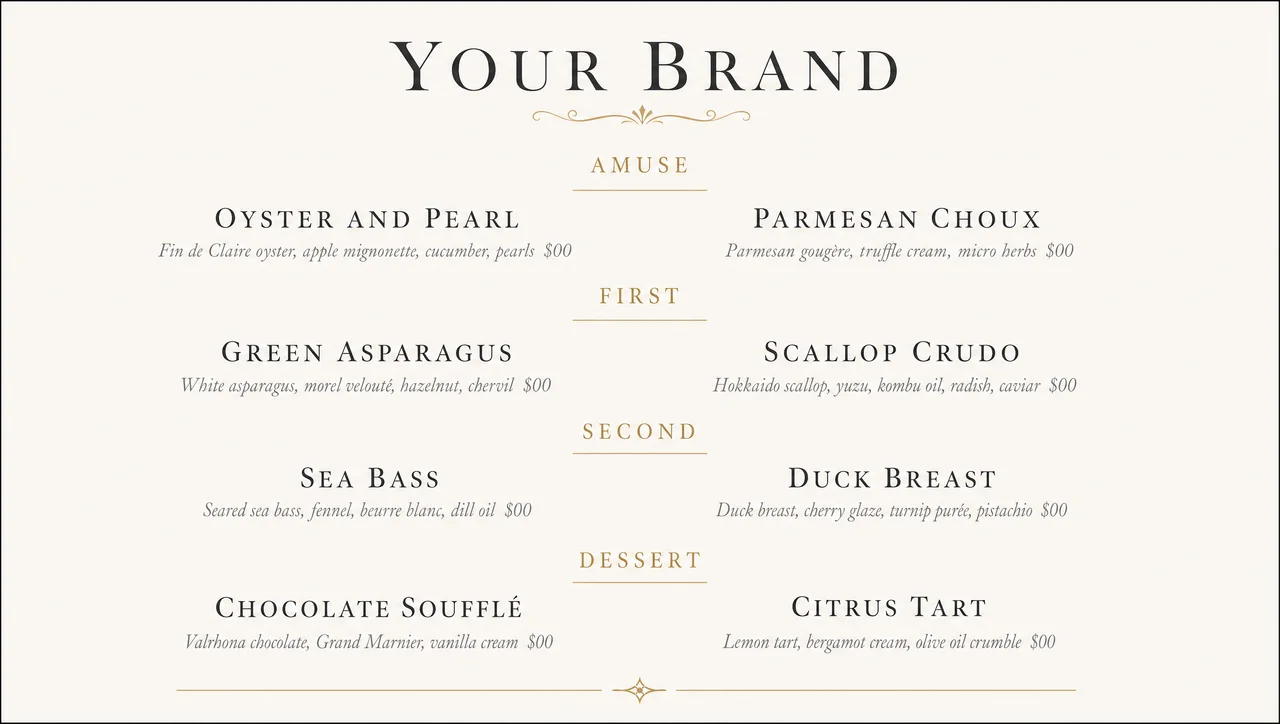 Elegant fine dining menu design, ivory classical layout.