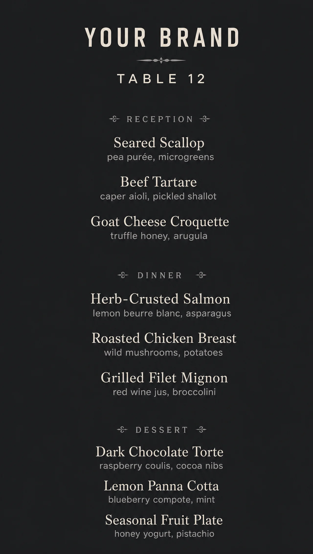 Fancy dinner menu template on a vertical charcoal card.